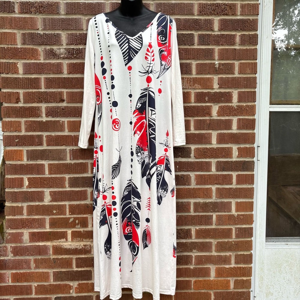 Bohemian Feathers Print V-Neck Long White Dress Long Sleeve Size L